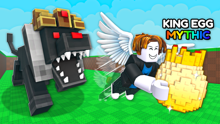Official +1 Wings For Eggs promotional scene with a winged avatar carrying a King Egg beside a blocky creature